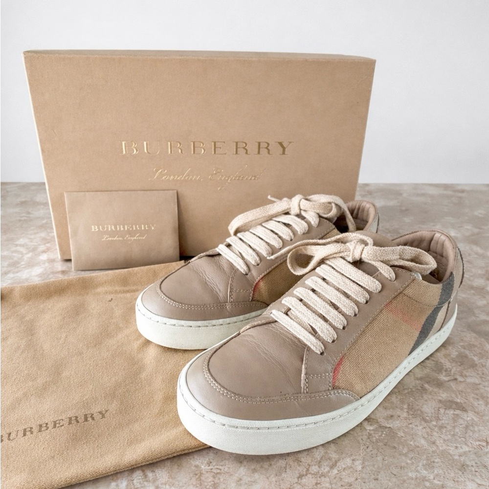 Burberry Nude Leather Low-Top Sneakers with Canvas Accents